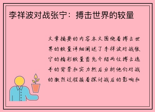 李祥波对战张宁：搏击世界的较量